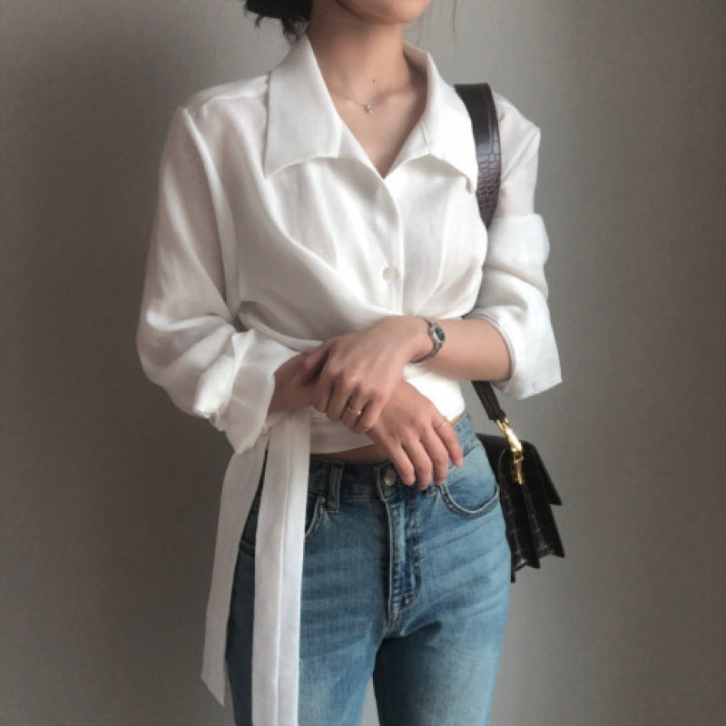 Retro Cross Strap Lapel Blouse - Memorree