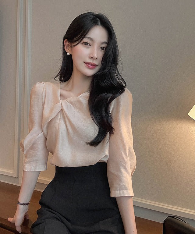 7-Sleeve Twisted Tie Blouse - seated pose