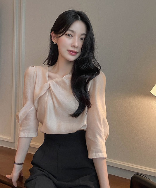 7-Sleeve Twisted Tie Blouse - seated pose