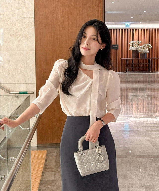 7-Sleeve Twisted Tie Blouse - staircase full look